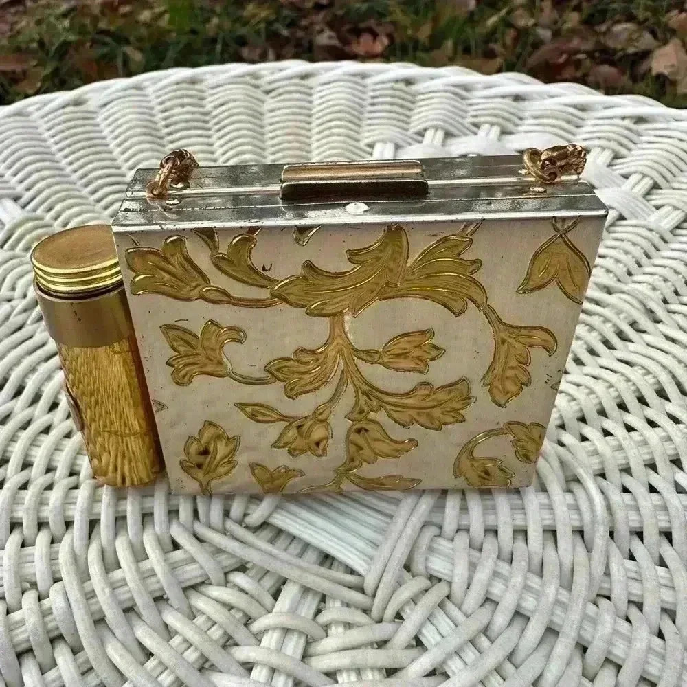 Vintage Gold and Silver Floral compact. Clutch. Gold compact. Antique. Fancy
